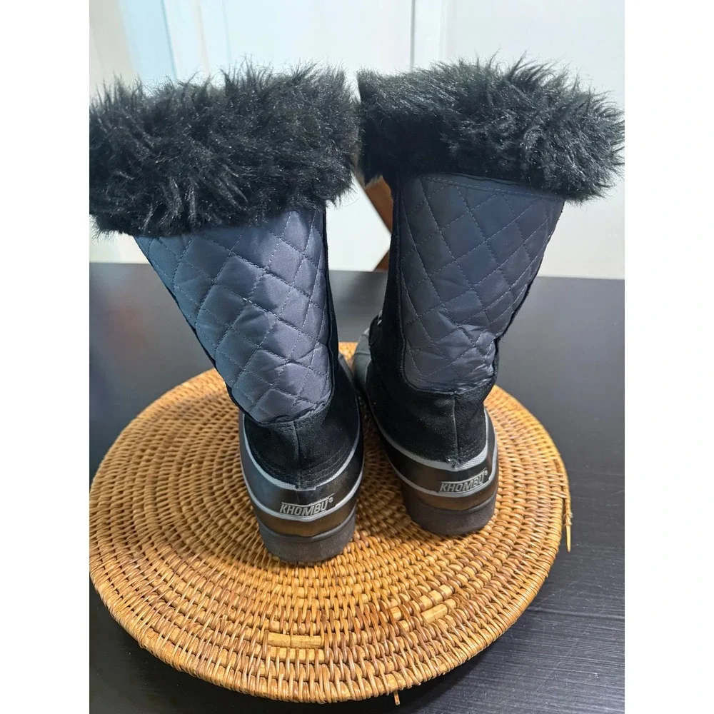 Khombu Nordic Women's Black Grey Faux Fur Trim Winter Snow Duck Boots Size 8M
